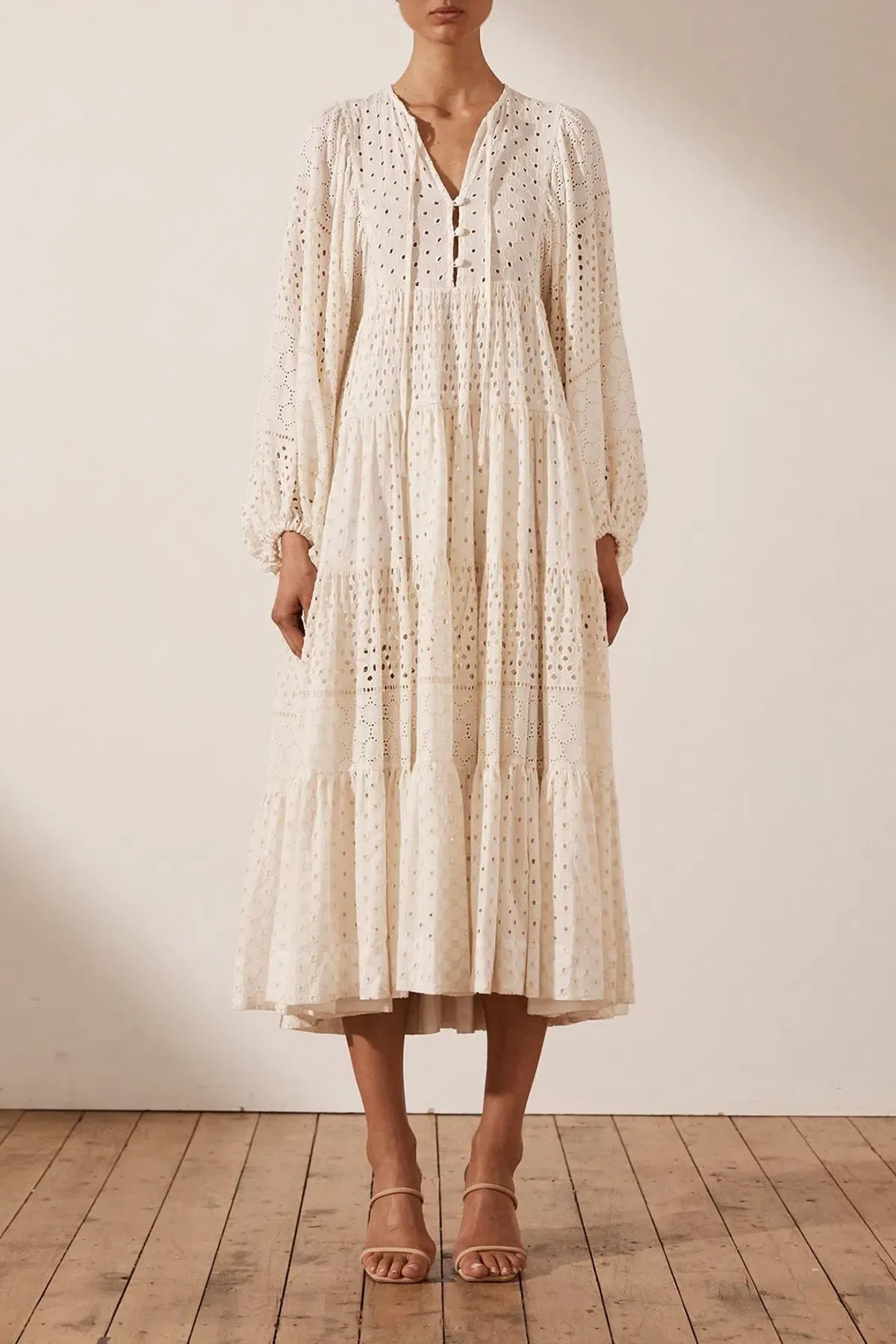 Shona Joy Vivienne Balloon Sleeve Tiered Midi Dress Ivory Size 14 - Image 1