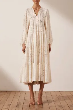 Shona Joy Vivienne Balloon Sleeve Tiered Midi Dress Ivory Size 14 for rent on The Volte - image 1