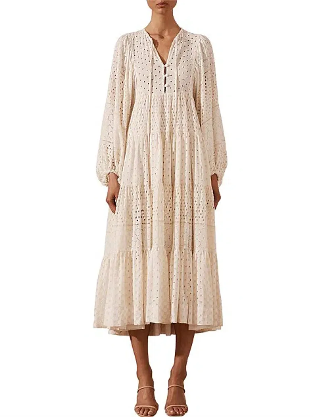 Shona Joy Vivienne Balloon Sleeve Tiered Midi Dress Ivory Size 14 for rent on The Volte - main image