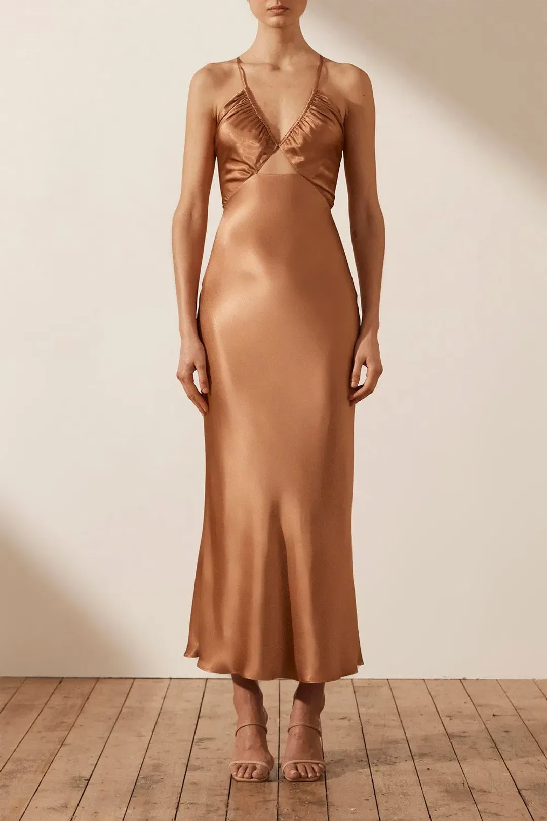Shona Joy La Lune Ruched Bodice Midi Dress Copper Size 8 / S for rent on The Volte - main image