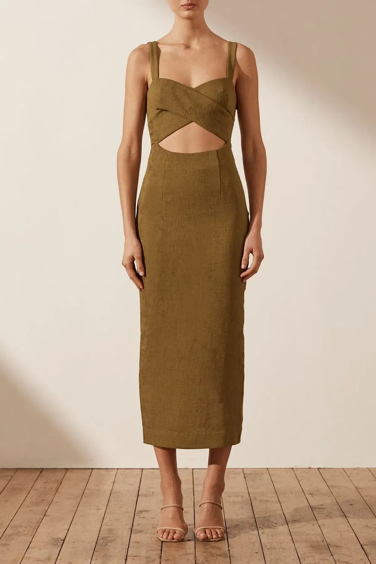 Shona Joy Simone Cross Over Midi Dress Cumin Size 8 / S for rent on The Volte - main image