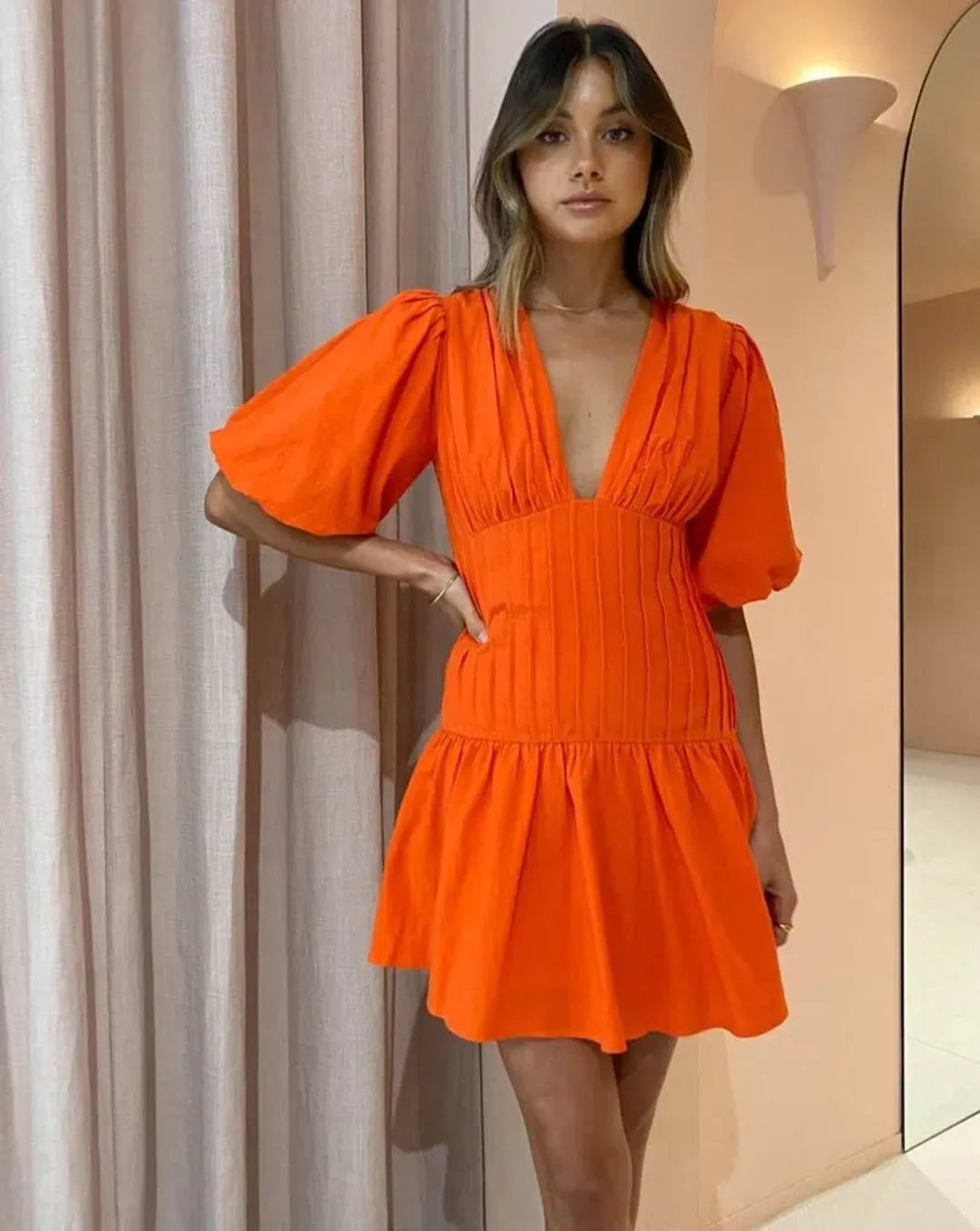 By Nicola Fiesta Stitch Mini Dress in Cherry Orange Size 8 for rent on The Volte - main image