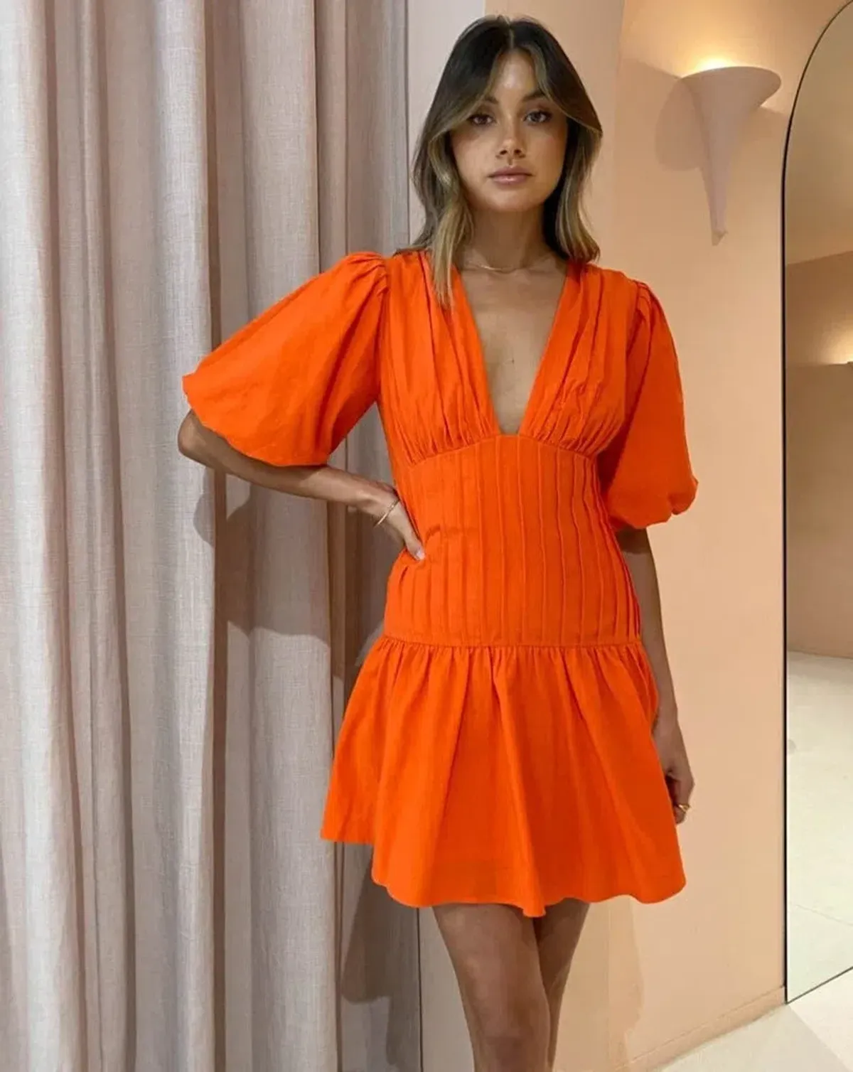 By Nicola Fiesta Stitch Mini Dress in Cherry Orange Size 8 for rent on The Volte - main image