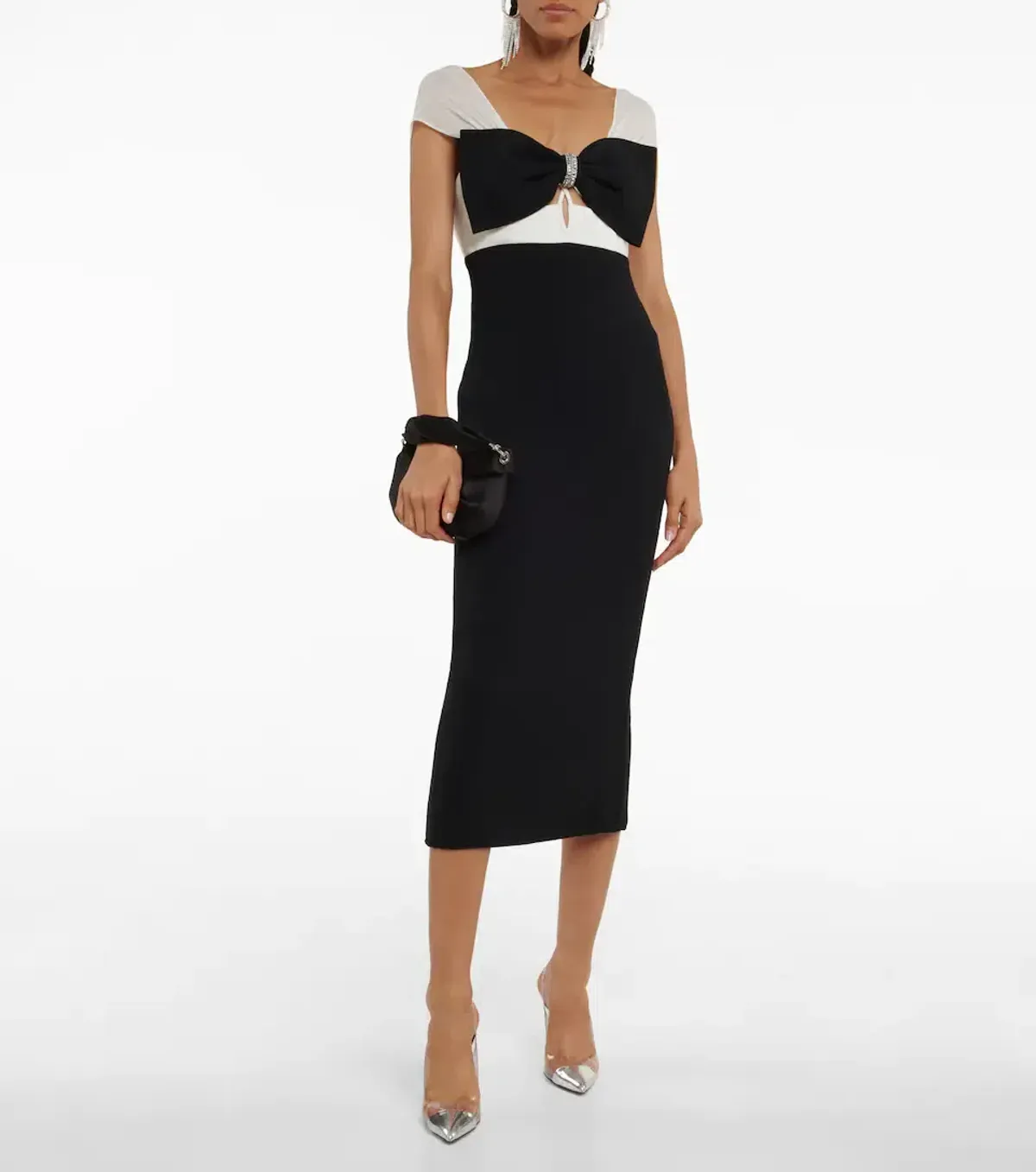 Self Portrait Crepe Crystal Bow Midi Dress Black/White Size 6 - Image 1