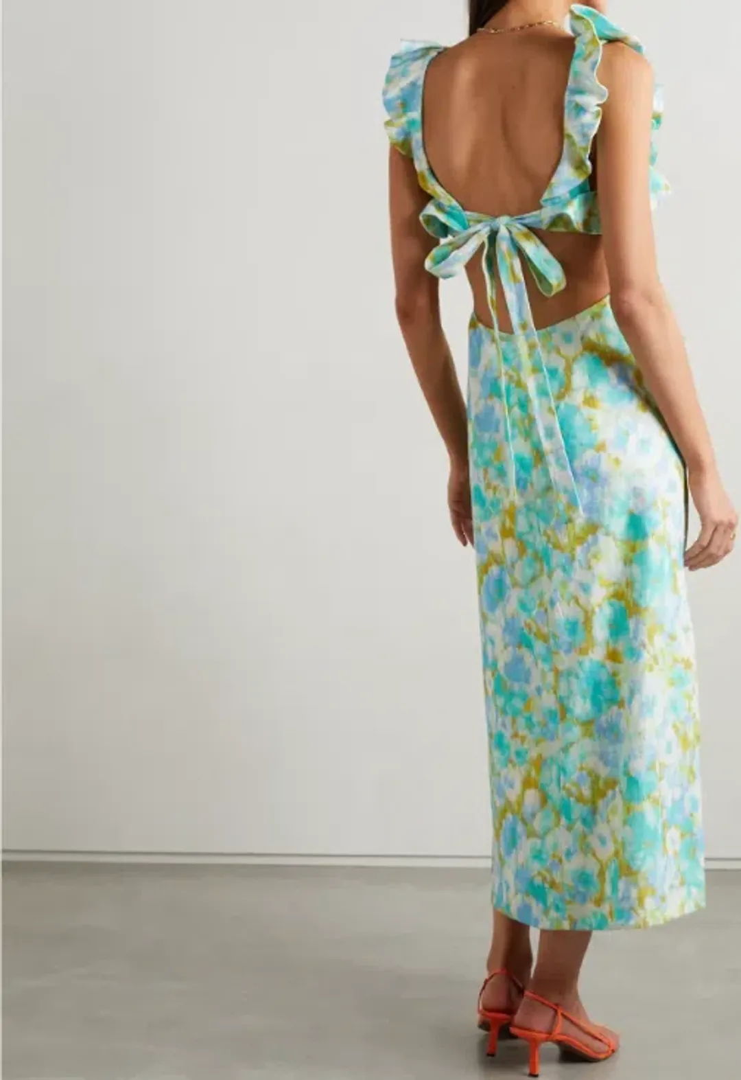 Zimmermann The High Tide Frilled Midi in Aqua Ikat Floral Size 12 for rent on The Volte - main image