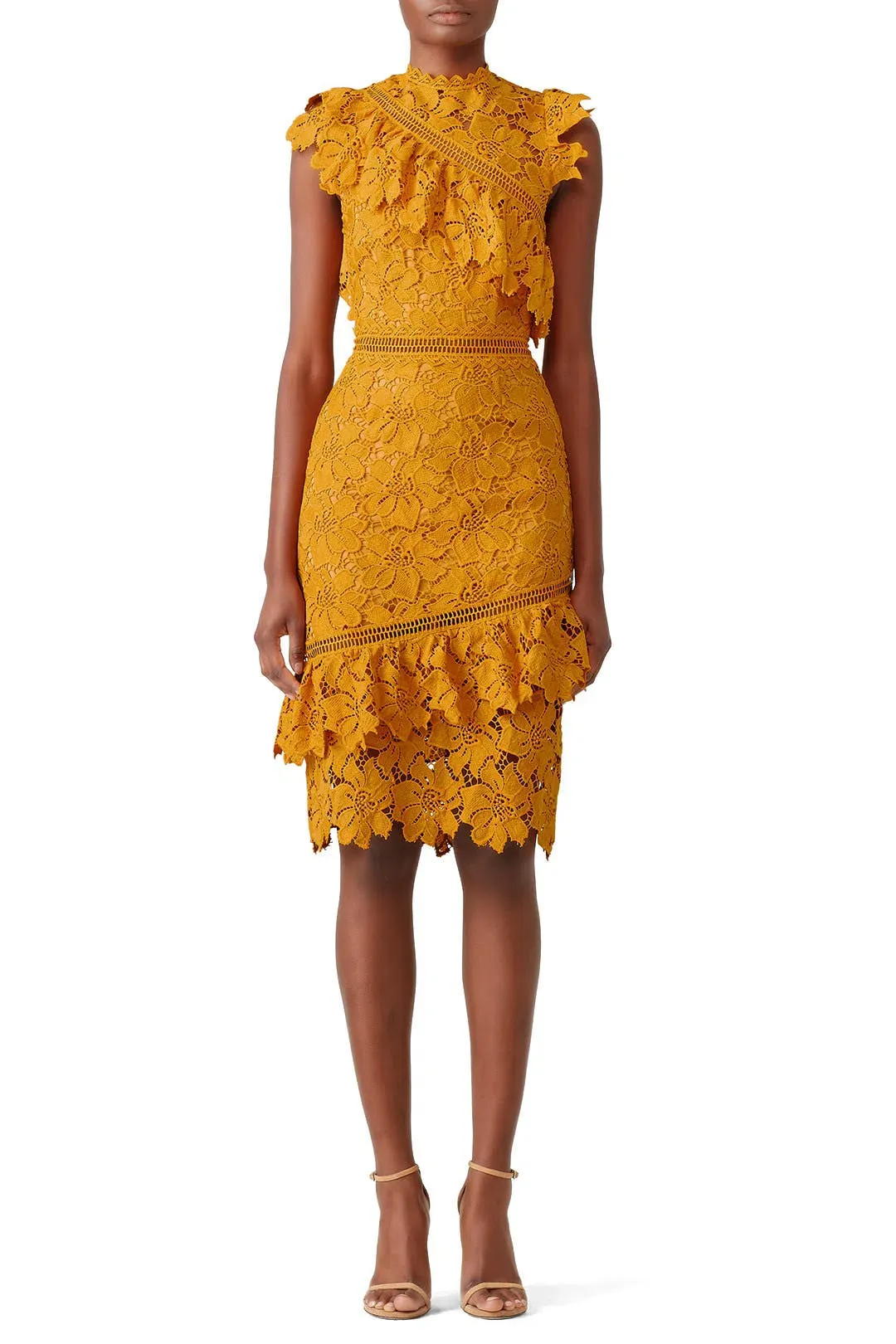 Saylor Reine Lace Sheath Midi Dress in Mustard Yellow Size XS/ Au 6 for rent on The Volte - main image