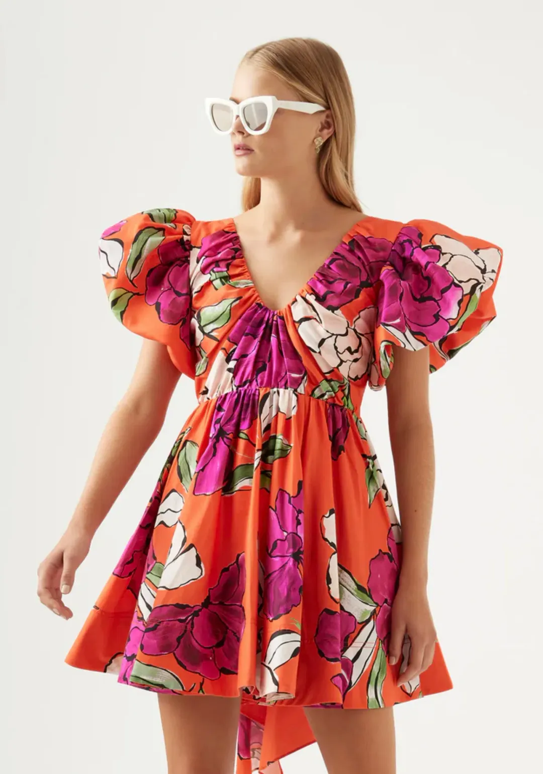 Aje Gretta Bow Back Mini Dress Vivid Camellia Floral Size 10 for rent on The Volte - main image