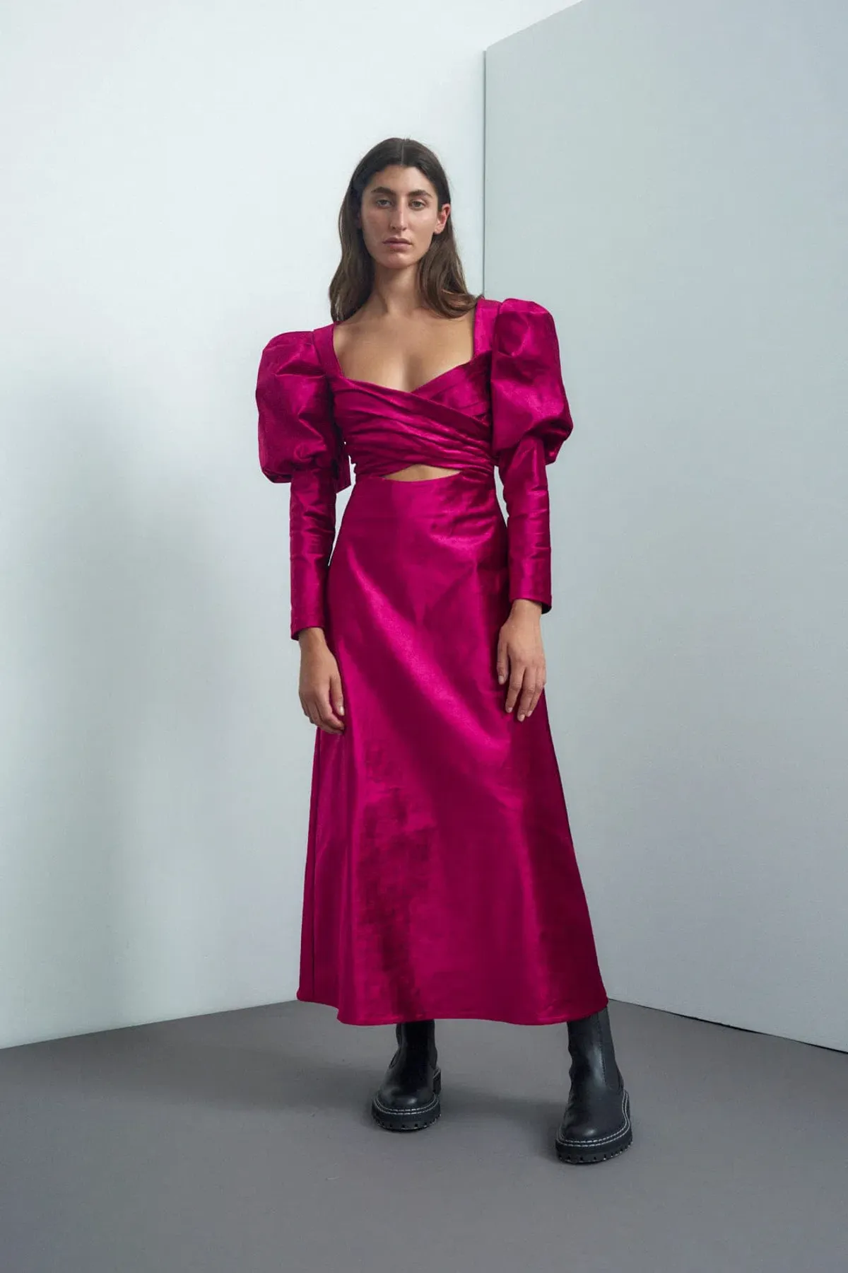 Alamais Rosario Puff Sleeve Midi Dress Fushia Size 10 - Image 1