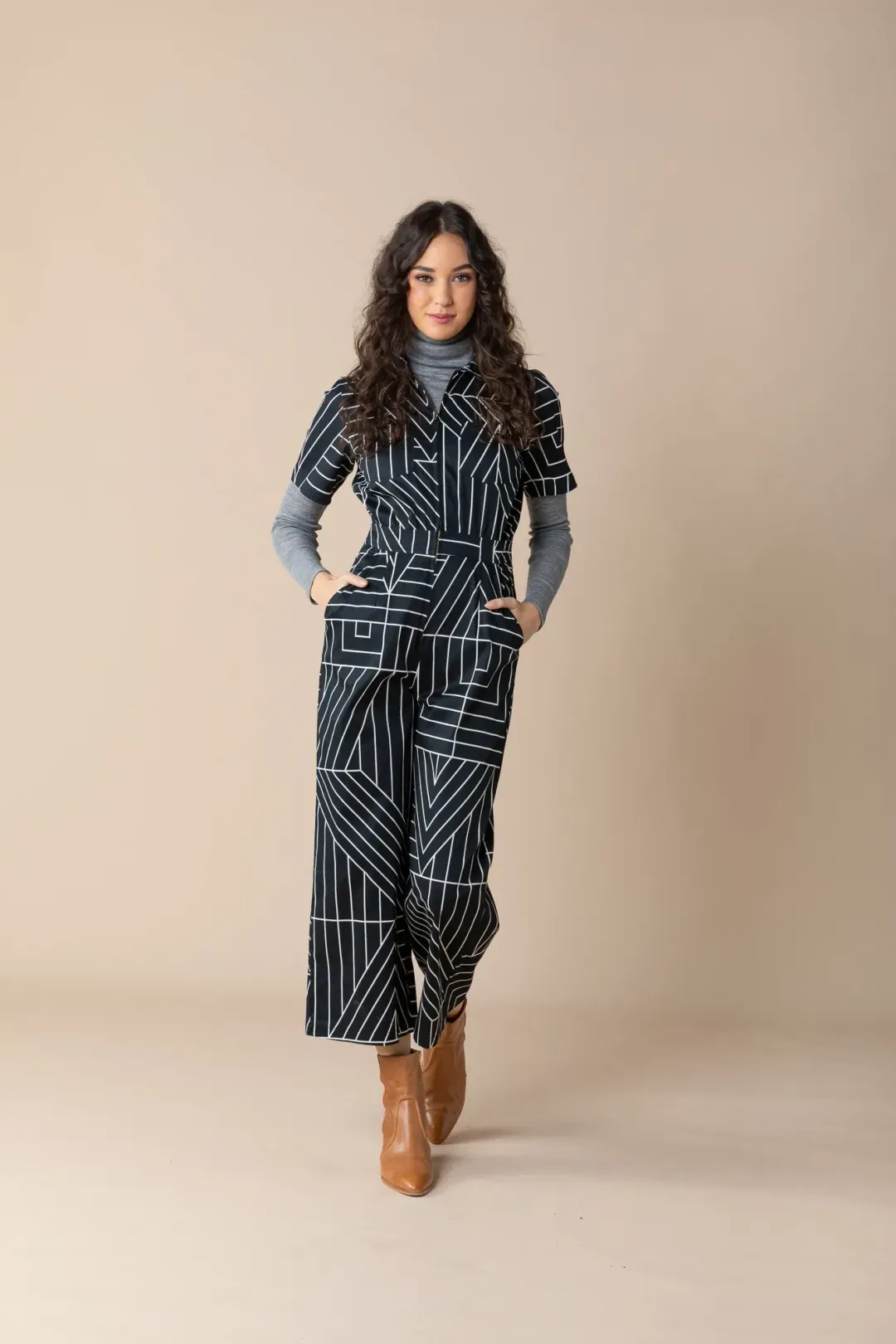 Frock Me Out Monochrome Freestyler Jumpsuit Lines Print Size 16 for rent on The Volte - main image