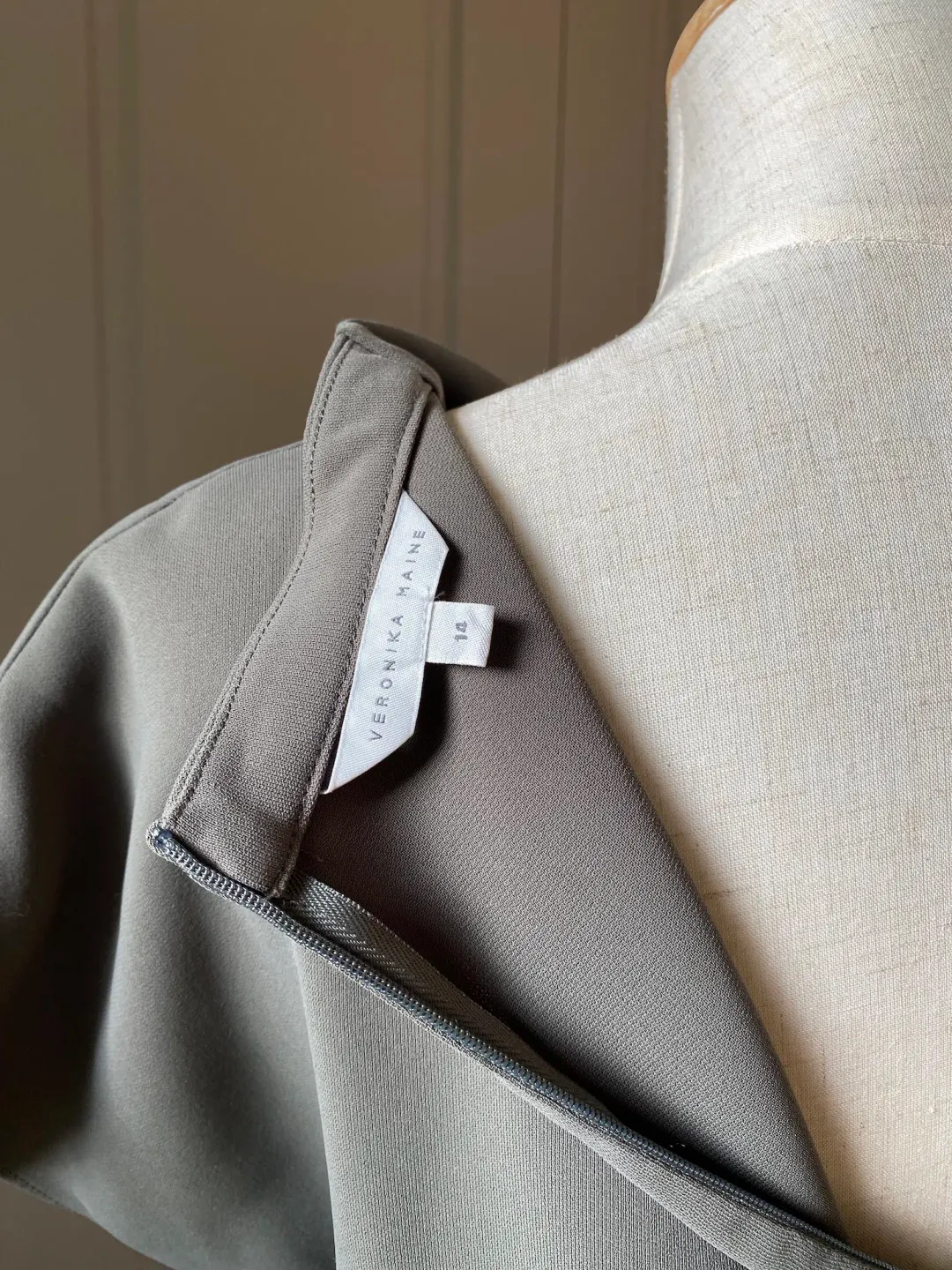 Veronika Maine Drapey Weave Drape Neck Midi Dress Khaki Size 14 for rent on The Volte - main image