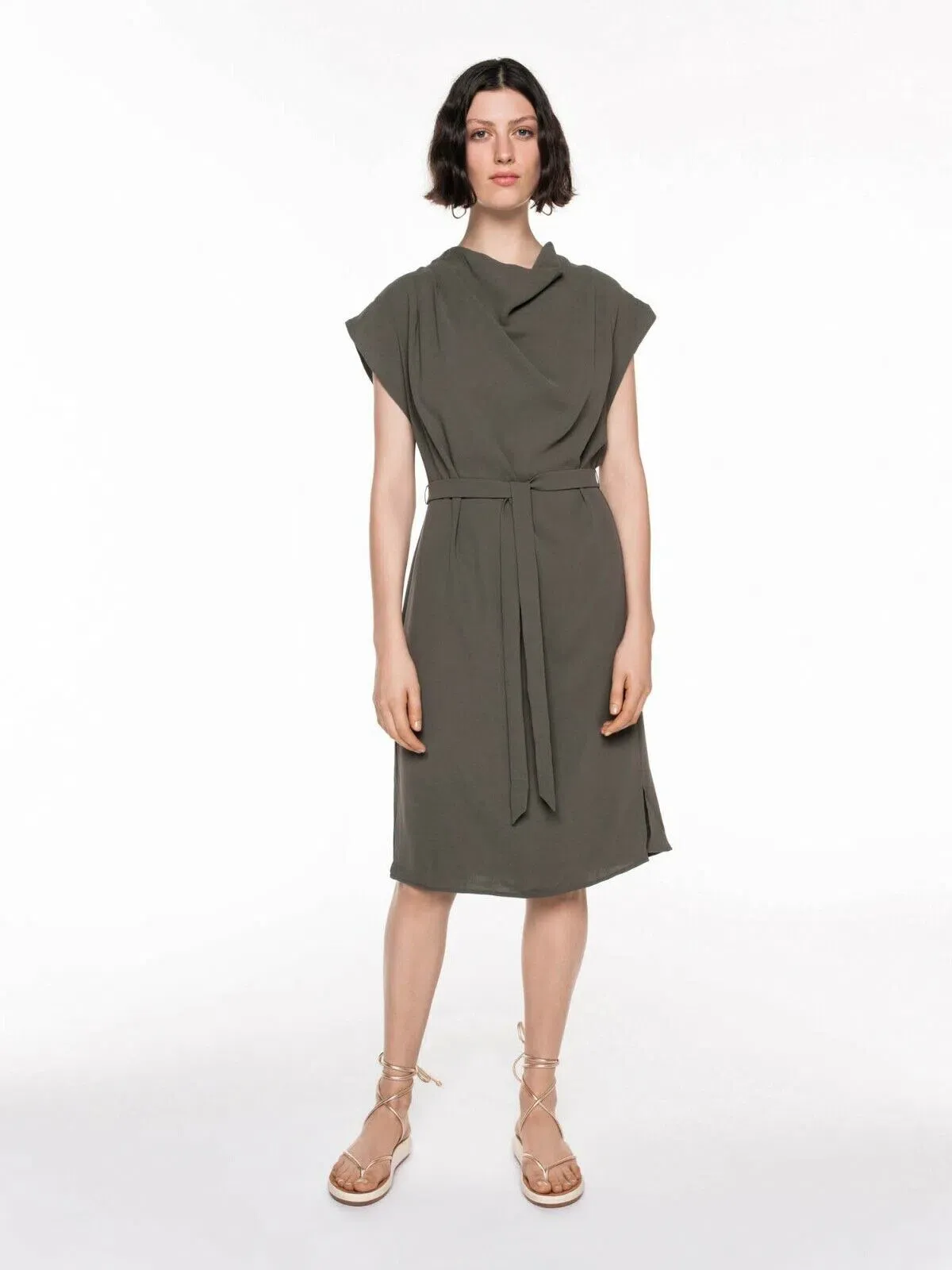 Veronika Maine Drapey Weave Drape Neck Midi Dress Khaki Size 14 for rent on The Volte - main image