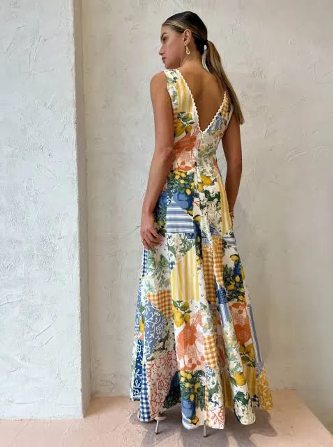 By Nicola Wavy Maxi Dress in Lemon Patchwork Size 6 for rent on The Volte - main image