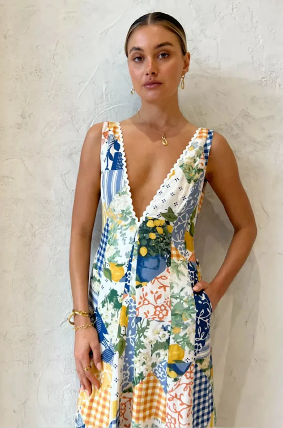 By Nicola Wavy Maxi Dress in Lemon Patchwork Size 6 for rent on The Volte - main image