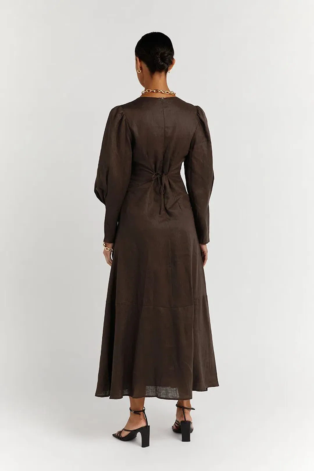 DISSH Wynn Dark Choc Linen Midi Dress Brown Size 8 for rent on The Volte - main image