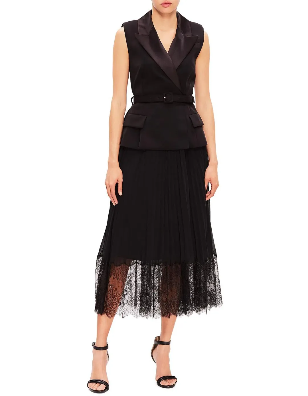 Self Portrait Tailored Crepe and Chiffon Midi Dress Black Size 12 for rent on The Volte - main image