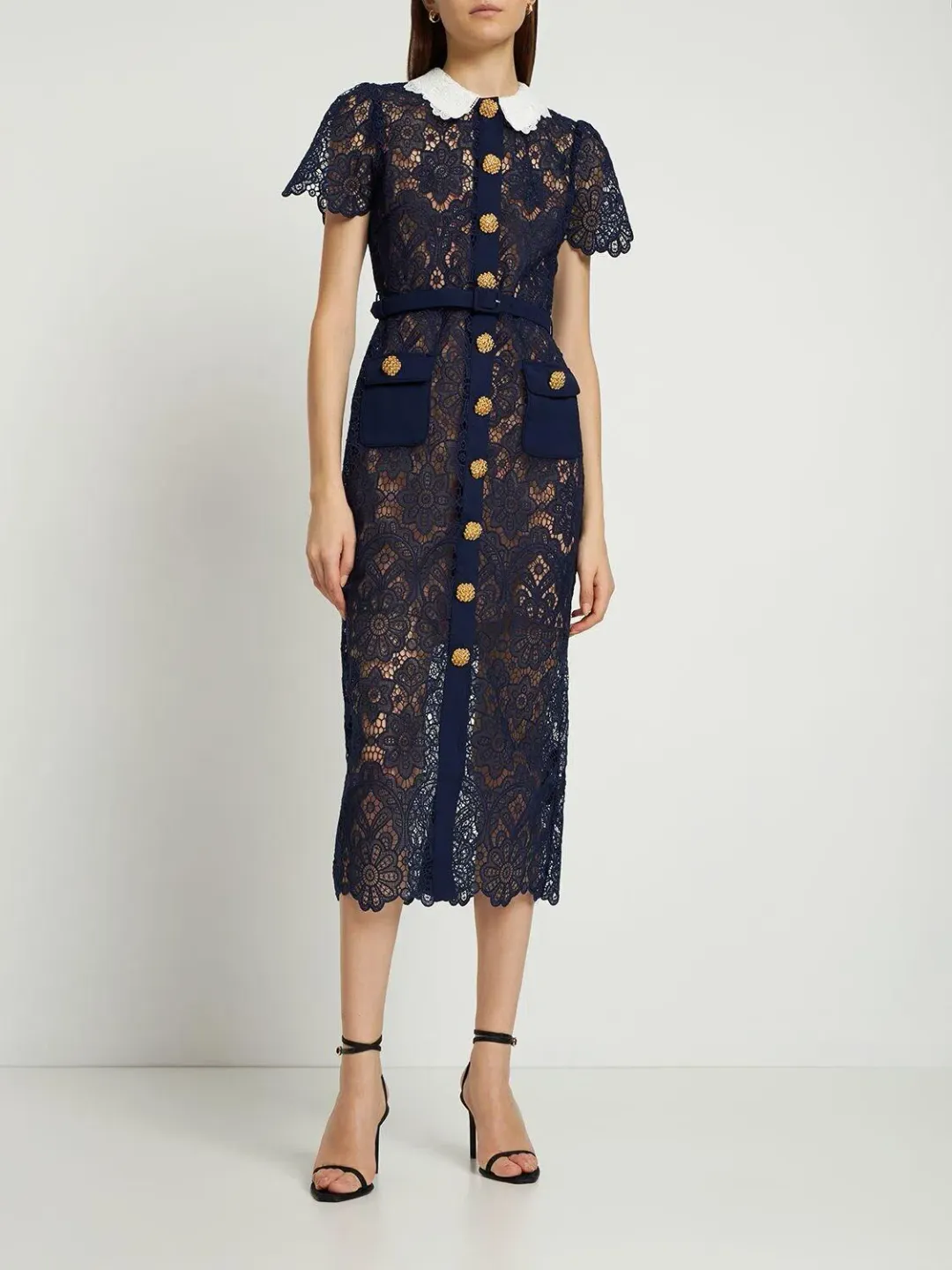 Self Portrait Navy Floral Guipure Midi Dress Navy Size 12 for rent on The Volte - main image