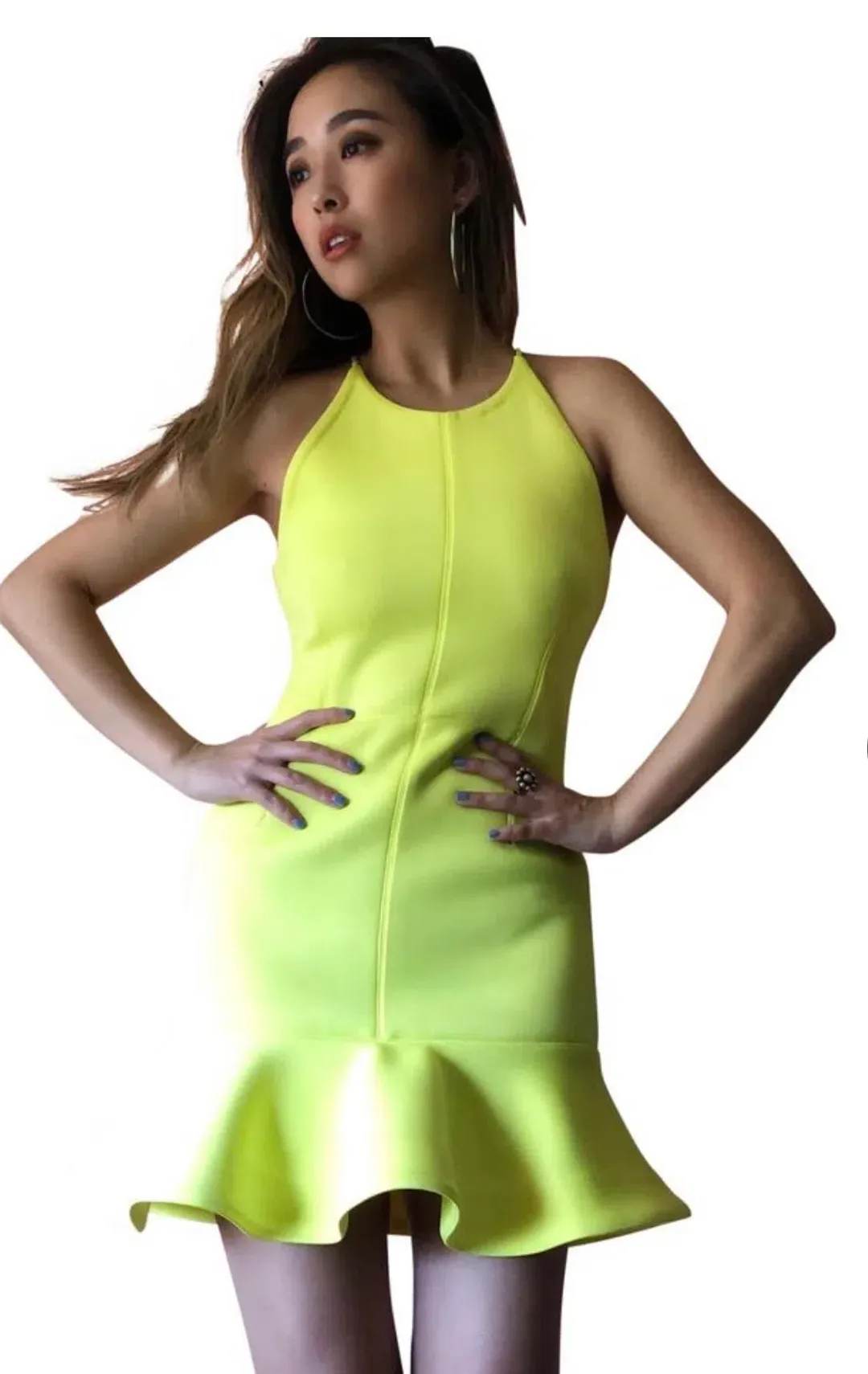 Shakuhachi Neon Yellow Neoprene Mini Dress Size 6 for rent on The Volte - main image