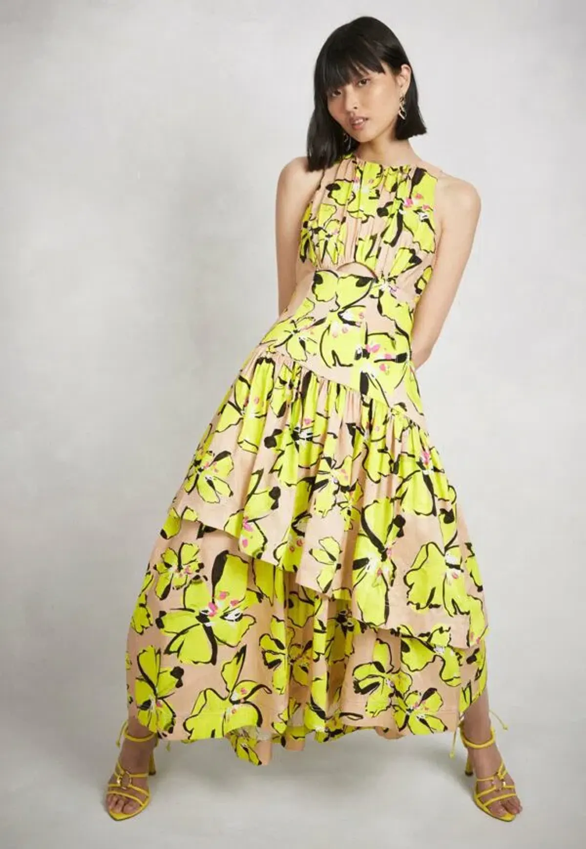 AJE Pelicano Racer Asymm Tiered Dress Citrus Bloom Size 4 for rent on The Volte - main image