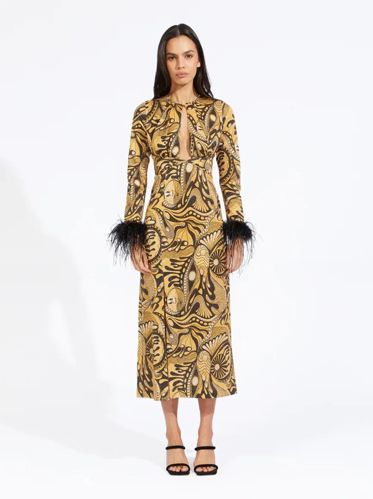 Alice McCall Gold Dust Feather Midi Dress Print Size 8 / S for rent on The Volte - main image