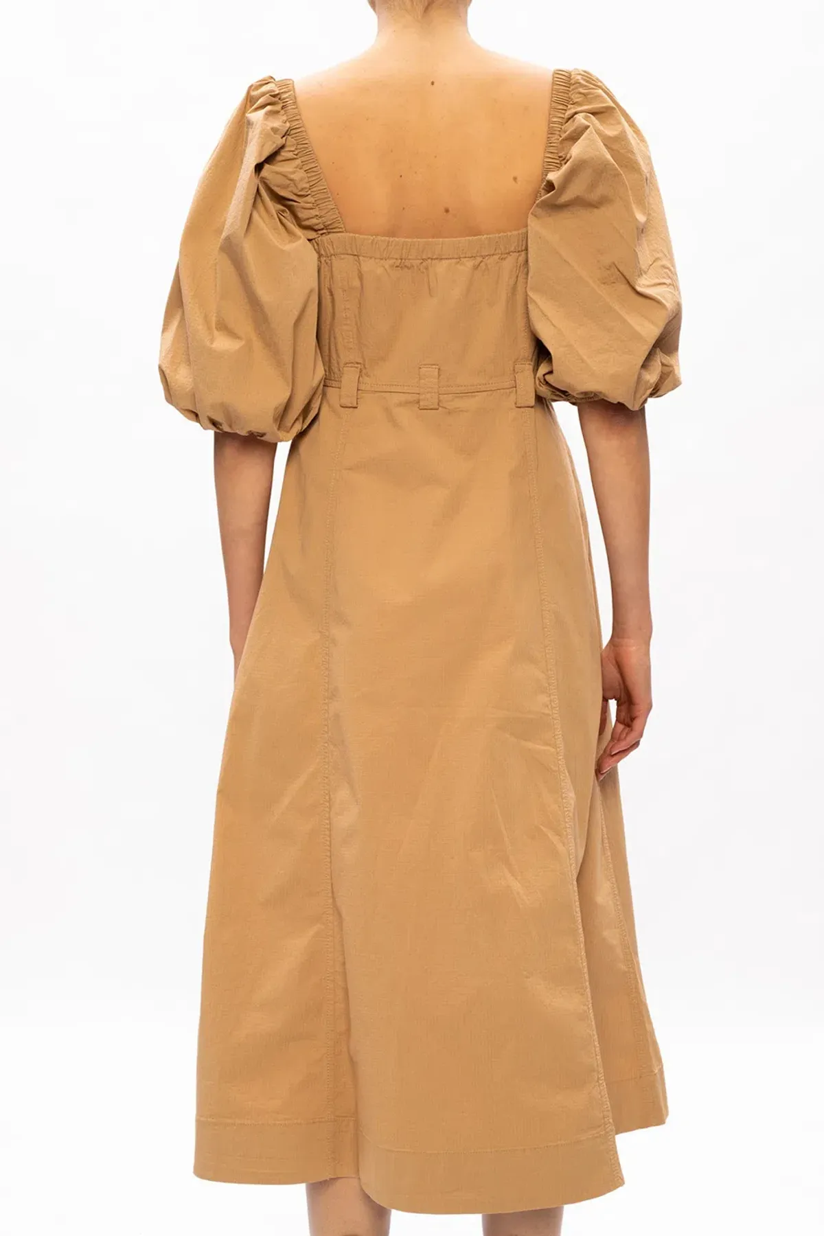 Ganni Square Neck Puff Sleeve Dress Tammin Beige Size 42/Au 10 - Image 3