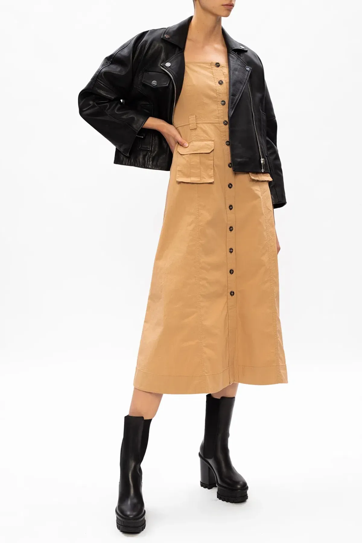 Ganni Square Neck Puff Sleeve Dress Tammin Beige Size 42/Au 10 - Image 2