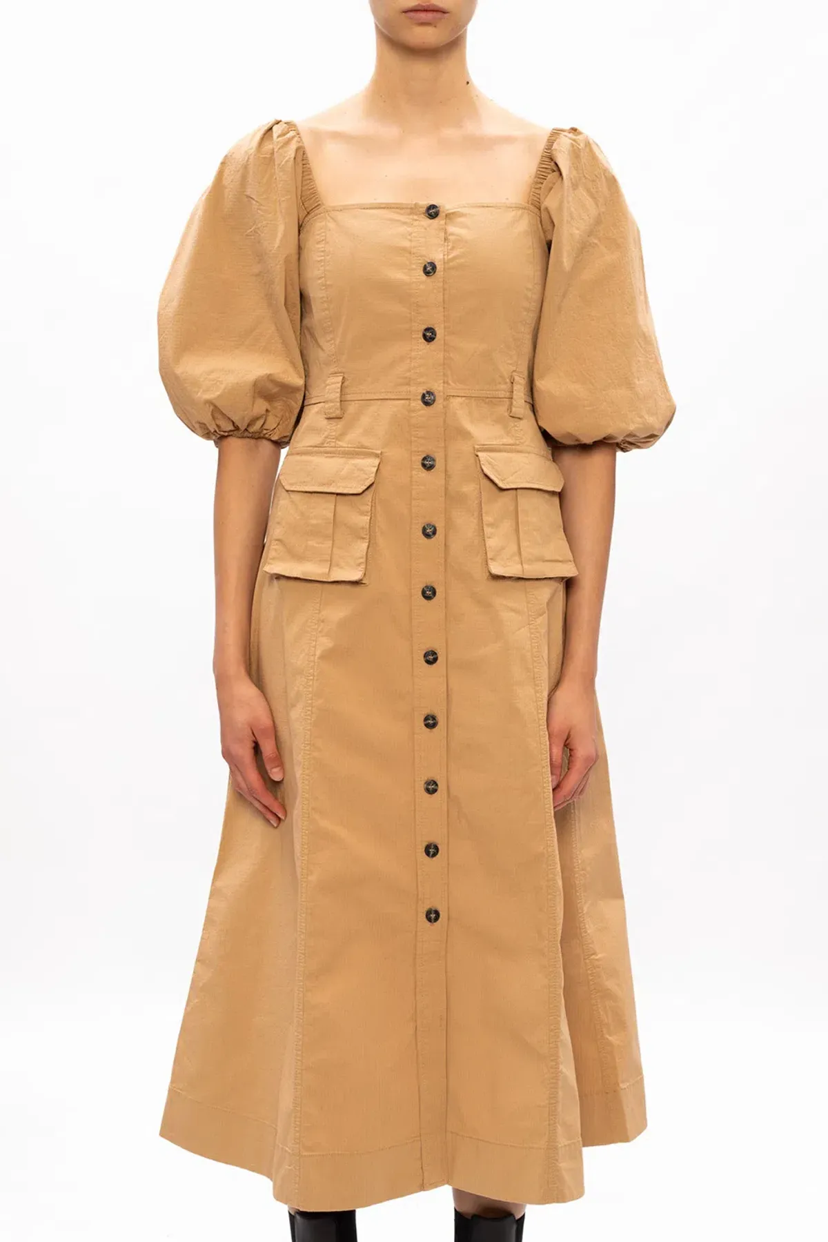 Ganni Square Neck Puff Sleeve Dress Tammin Beige Size 42/Au 10 - Image 1