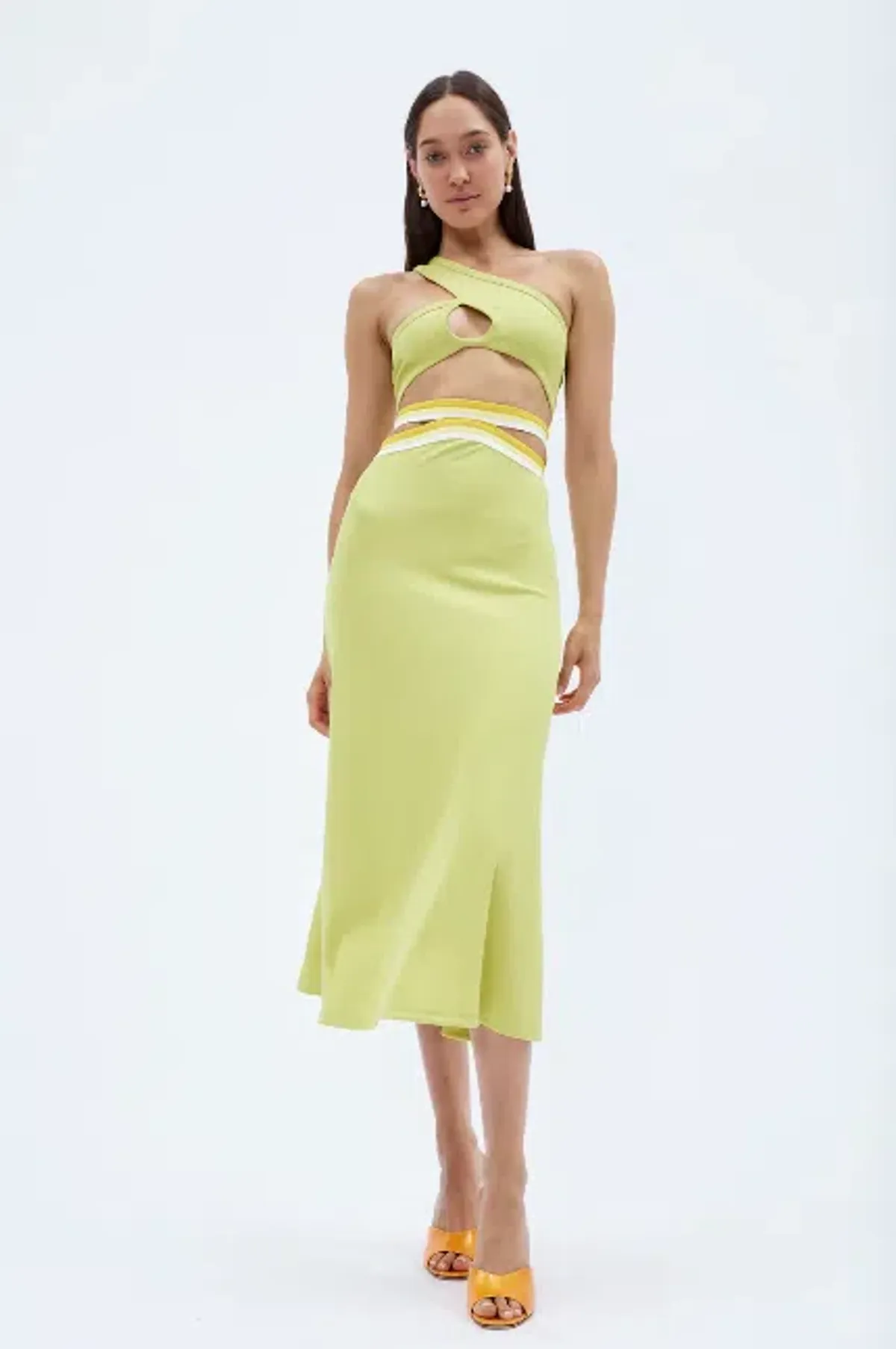 Christopher Esber Looped One Shoulder Rib Crop and Multi Bind Curve Skirt Set in Lime Size 10 - Image 1