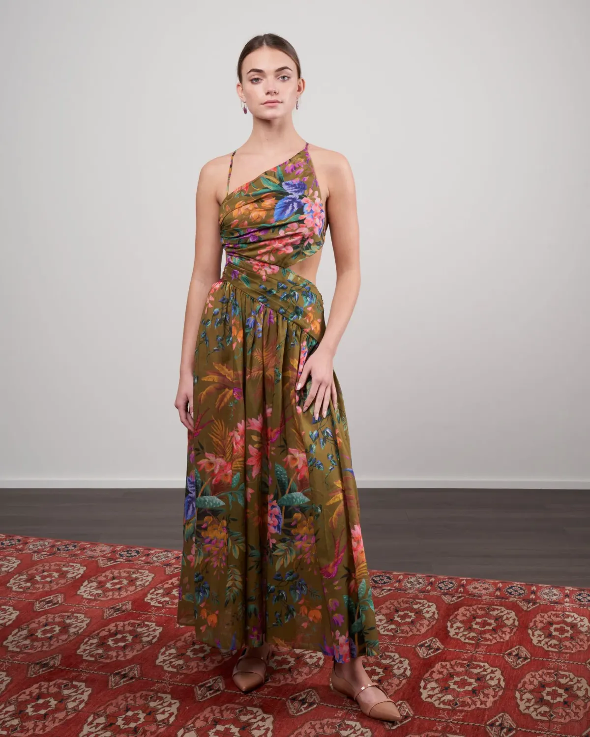 Zimmerman Tropicana Asymmetric Dress Khaki Floral Size 2/ 12 - Image 1