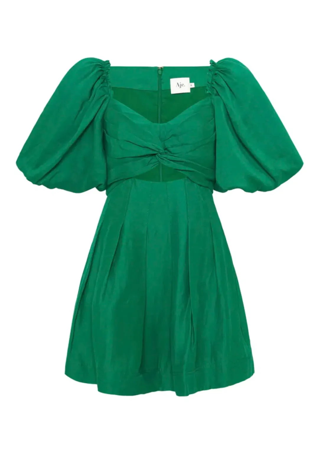Aje Dusk Knot Puff Sleeve Mini Dress Emerald Green Size 8 for rent on The Volte - main image