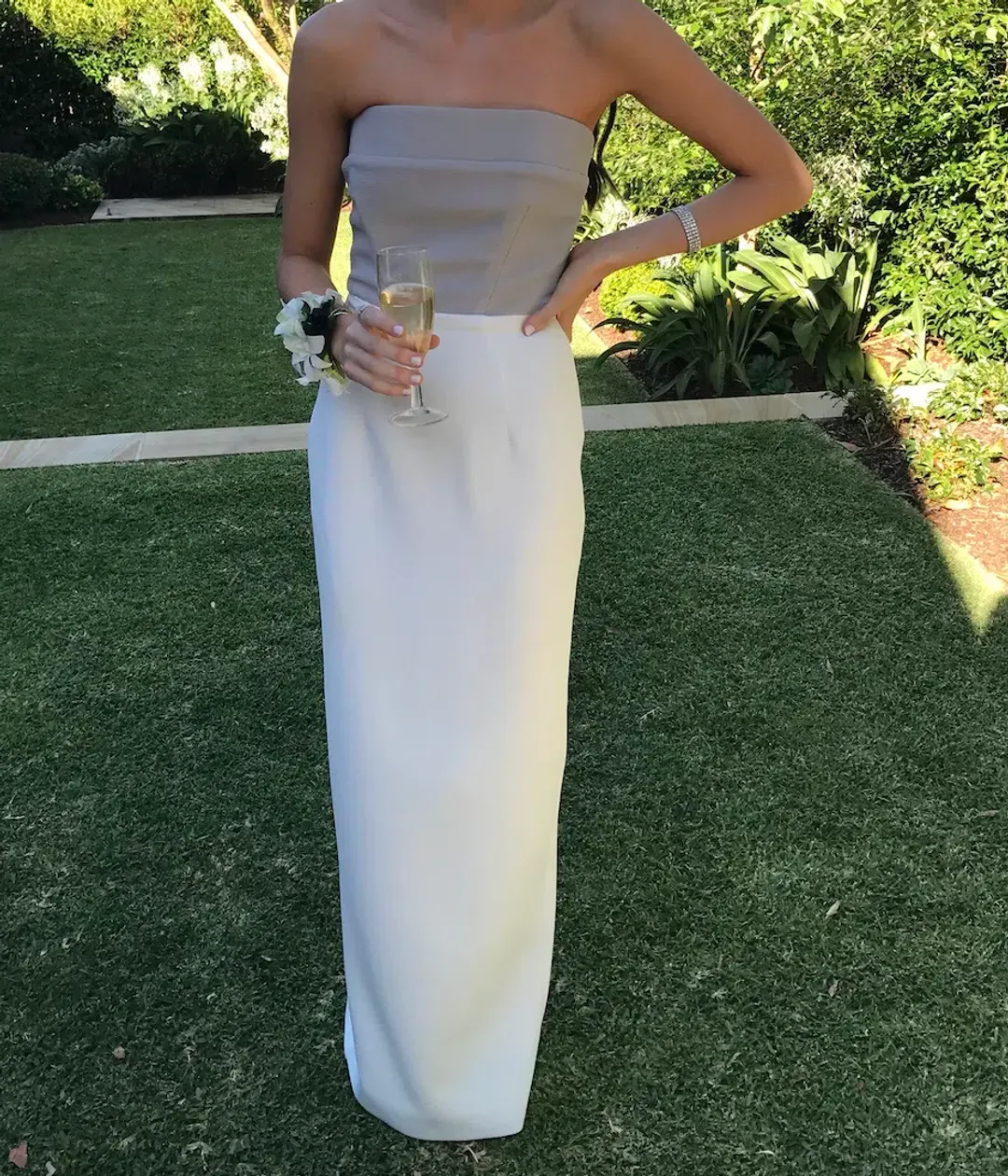 By Johnny Strapless Maxi Dress Grey/White Size 6 for rent on The Volte - main image