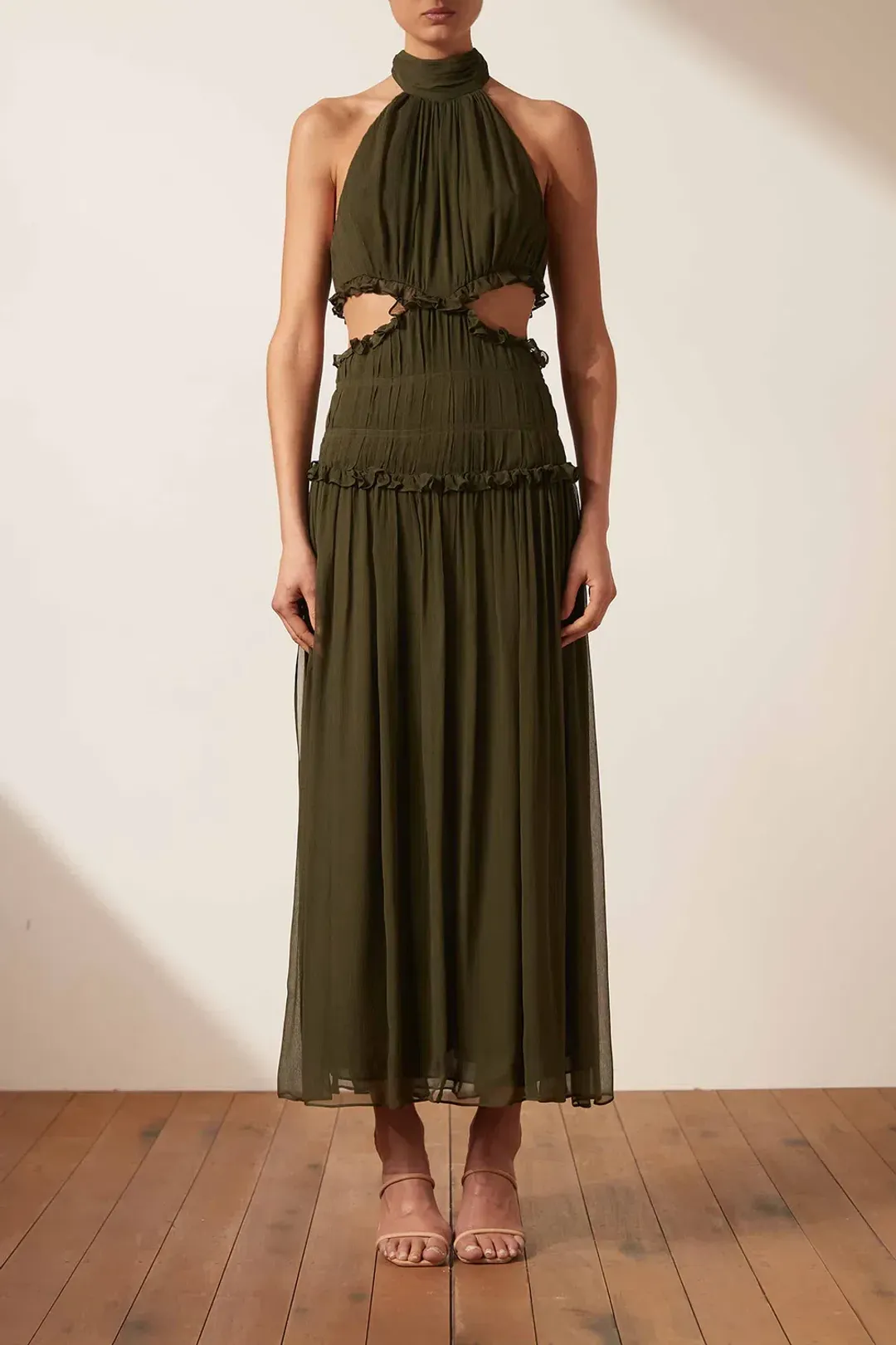 Shona Joy Safira High Neck Cut Out Midi Dress in Olive Green Size 8 / S for rent on The Volte - main image