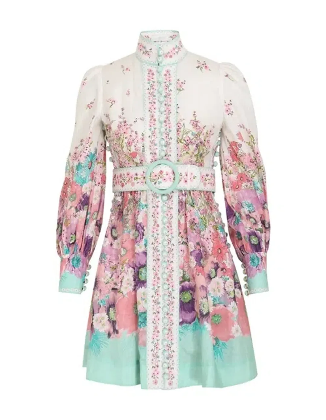 Zimmermann Jude Buttoned Mini Dress Aqua Gradient Floral Size 0/Au 8 for rent on The Volte - main image