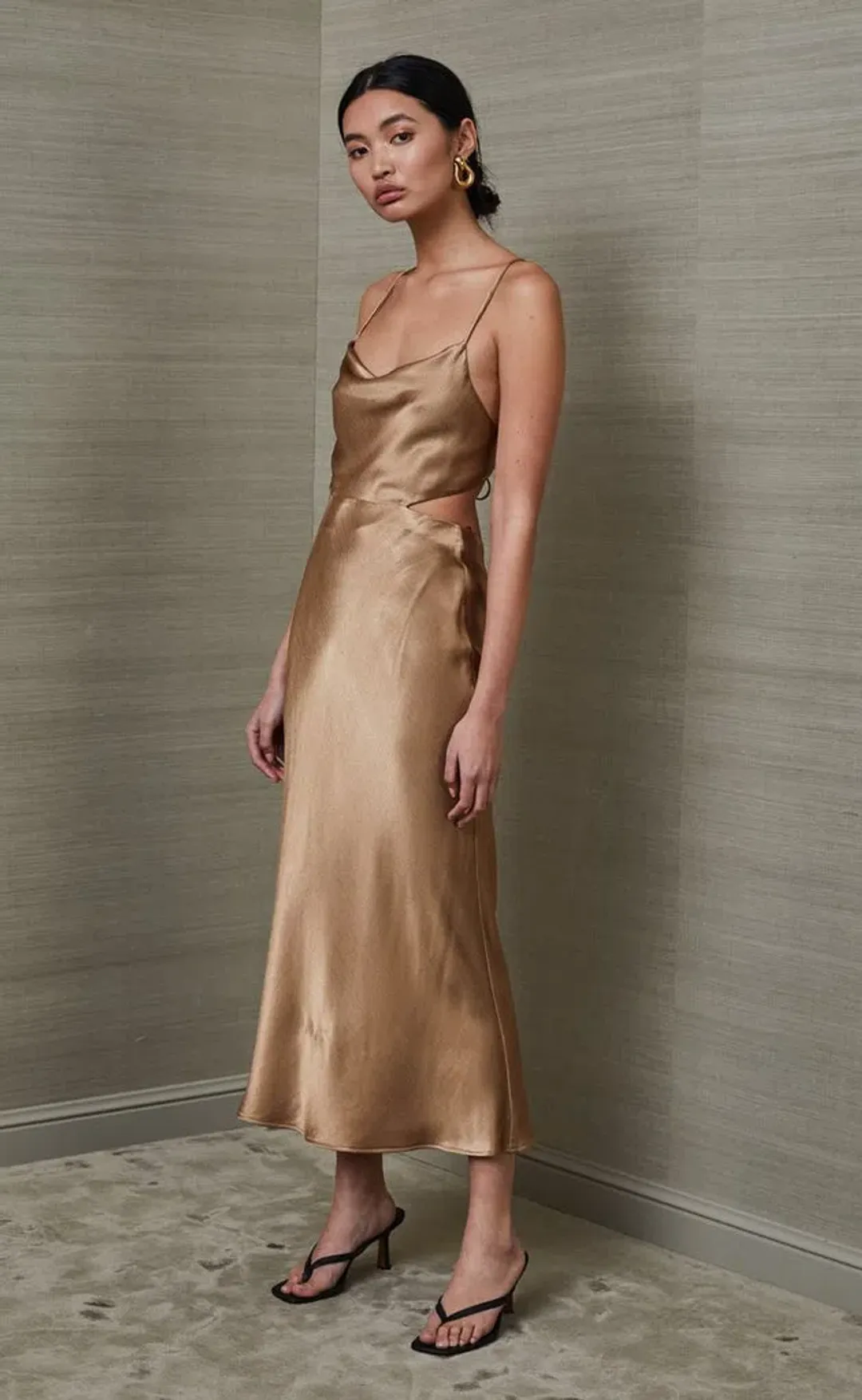 Bec & Bridge Aubrey Cut Out Midi Dress Gold Size 6 / XS for rent on The Volte - main image