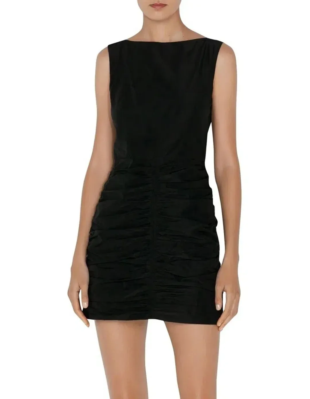 Cue Tech Ruched Mini Dress Black Size 8 for rent on The Volte - main image