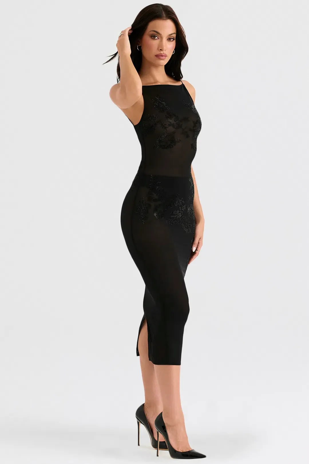 House of CB Amirah Mesh Crystal Embellished Midi Dress Black Size XS / Au 6 for rent on The Volte - main image