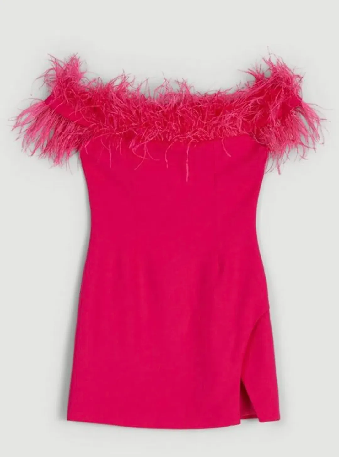 Karen Millen Compact Stretch Feather Bardot Mini Dress Pink Size 10 for rent on The Volte - main image