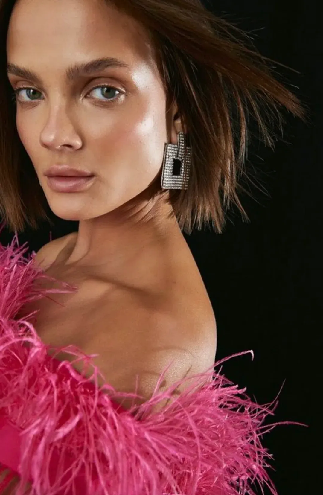 Karen Millen Compact Stretch Feather Bardot Mini Dress Pink Size 10 for rent on The Volte - main image