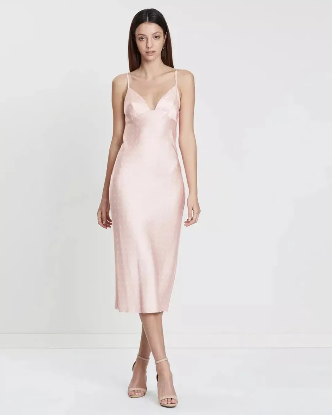 Shona Joy Bias Slip Midi Dress in Strawberry/Cream Spot Size 10 for rent on The Volte - main image