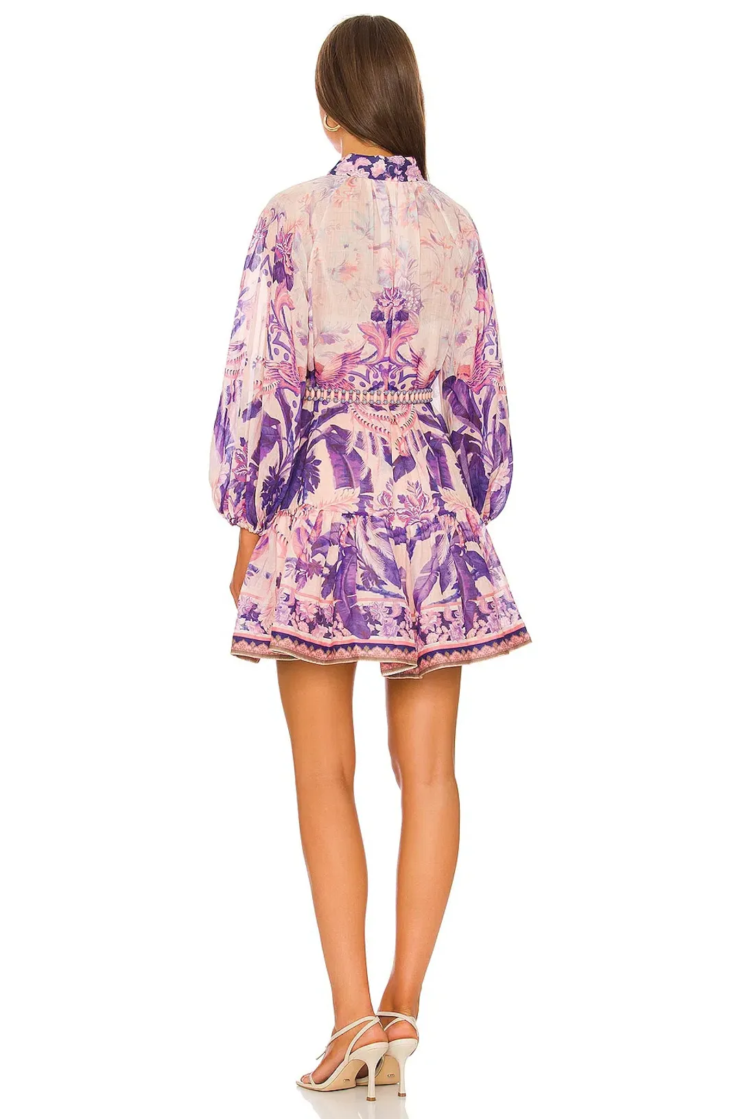 Zimmermann Lyre Billow Mini Dress in Purple Palm Print Size 0 / Au 8 for rent on The Volte - main image