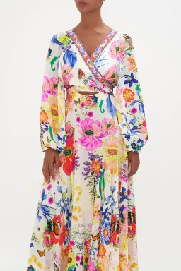 Camilla Wrap Tie Dress With Blouson Sleeve Fairy Gang Floral Size L/ Au 14 for rent on The Volte - image 4