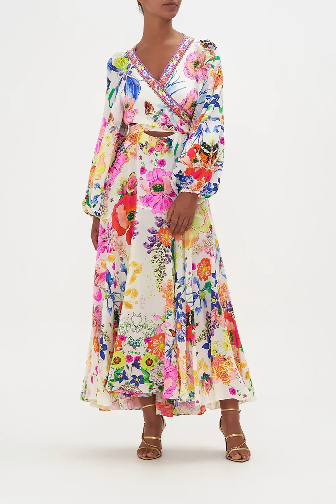 Camilla Wrap Tie Dress With Blouson Sleeve Fairy Gang Floral Size L/ Au 14 for rent on The Volte - main image