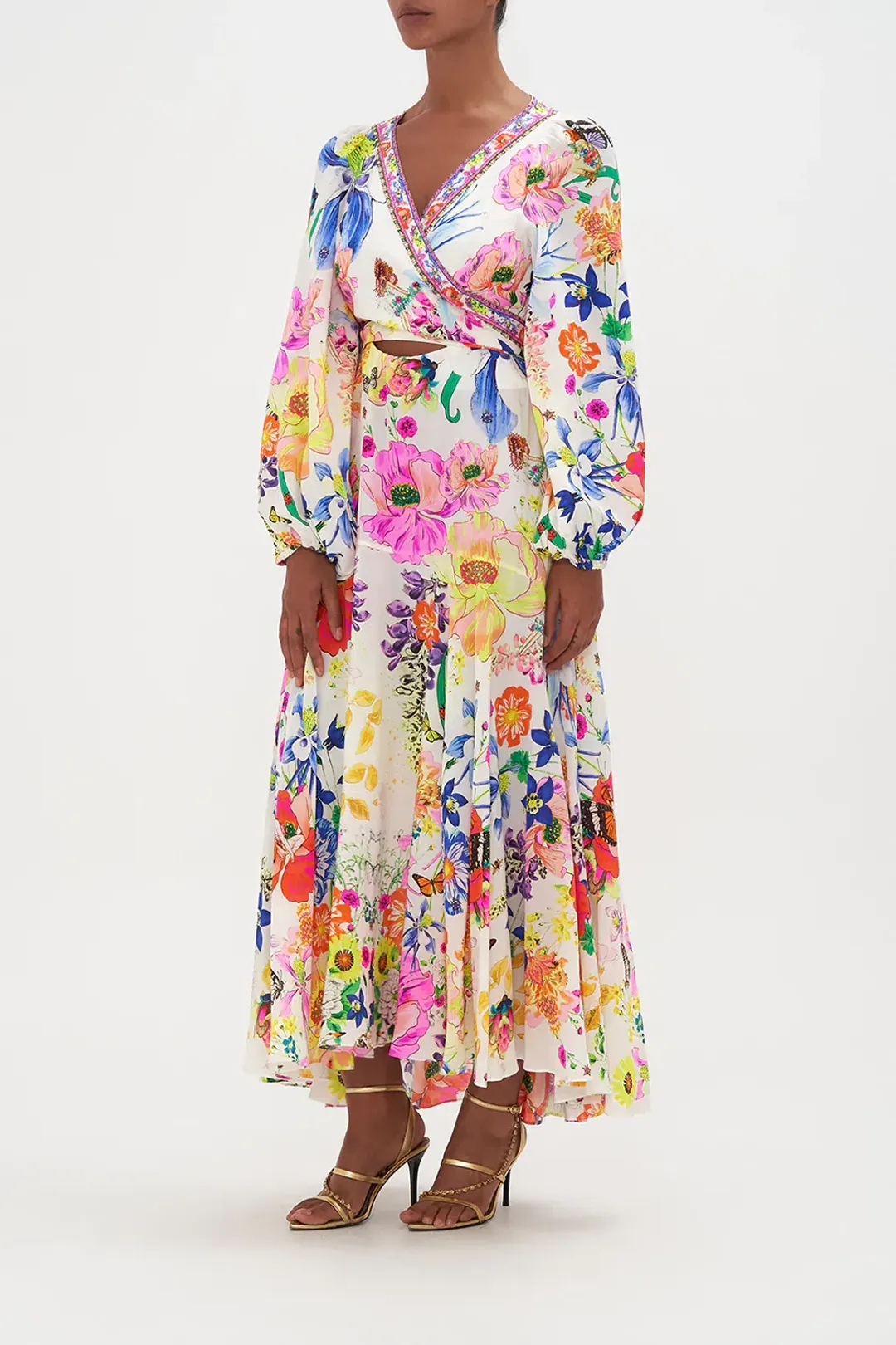 Camilla Wrap Tie Dress With Blouson Sleeve Fairy Gang Floral Size L/ Au 14 for rent on The Volte - main image