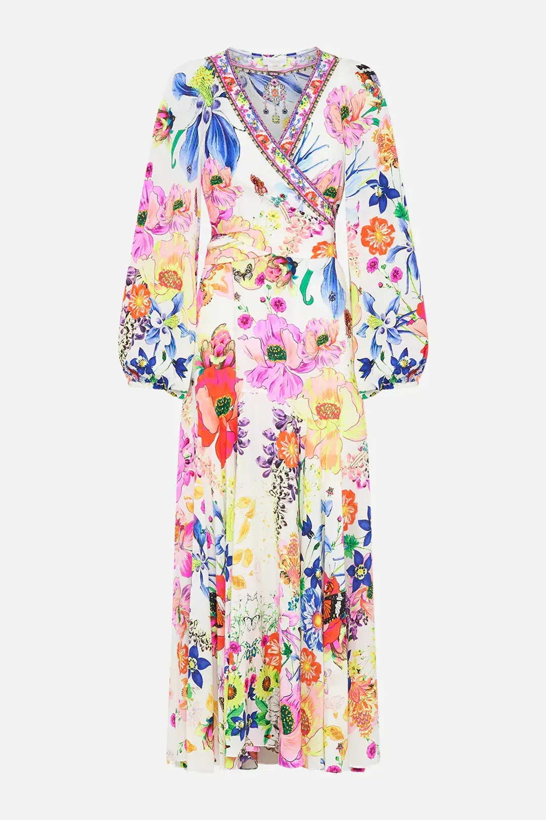 Camilla Wrap Tie Dress With Blouson Sleeve Fairy Gang Floral Size L/ Au 14 for rent on The Volte - main image