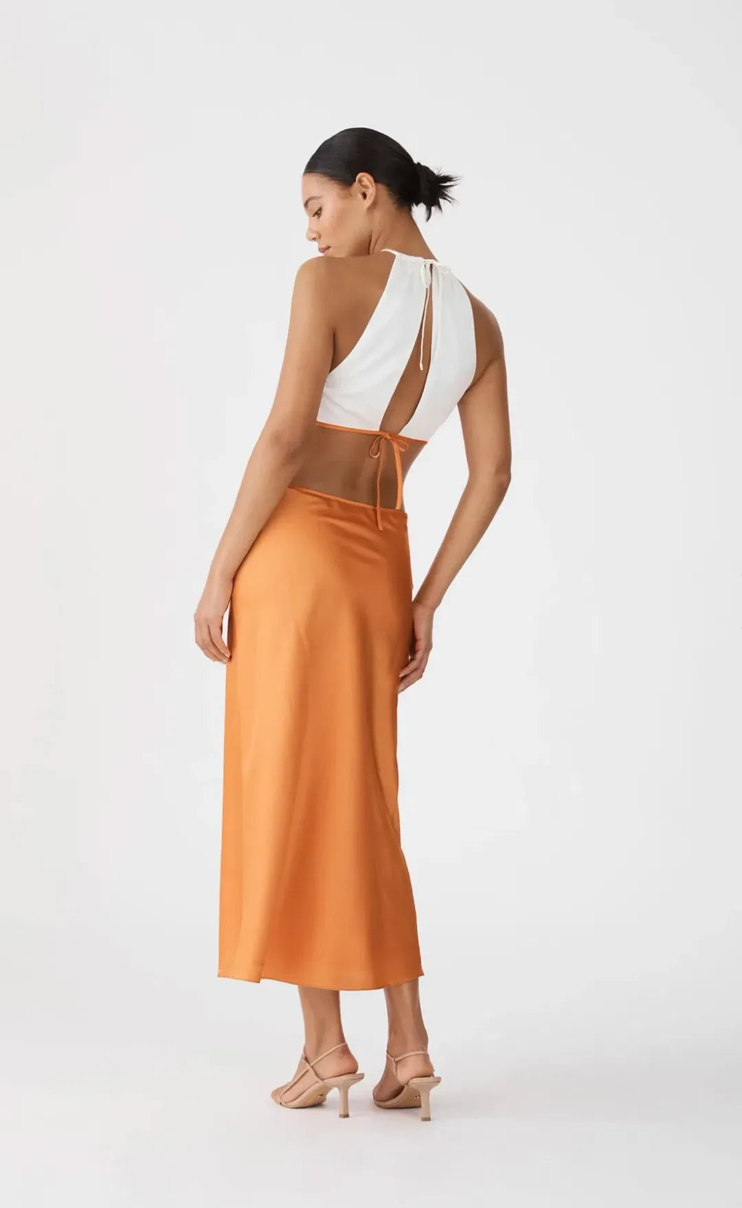 San Sloane Jasmine Midi Dress Orange/White Size 6 for rent on The Volte - main image