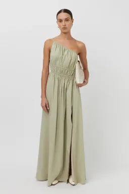 Camilla And Marc Sevilla Asymmetric One Shoulder Linen Maxi Dress In Oregano Green Size 12 for rent on The Volte - image 1