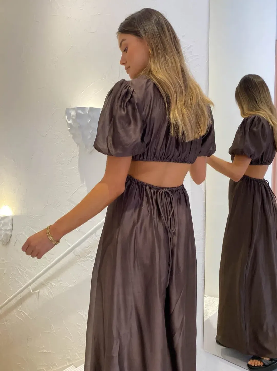 Sir The Label Anje Puff Sleeve Gown Chocolate Size 3/Au 12 for rent on The Volte - main image