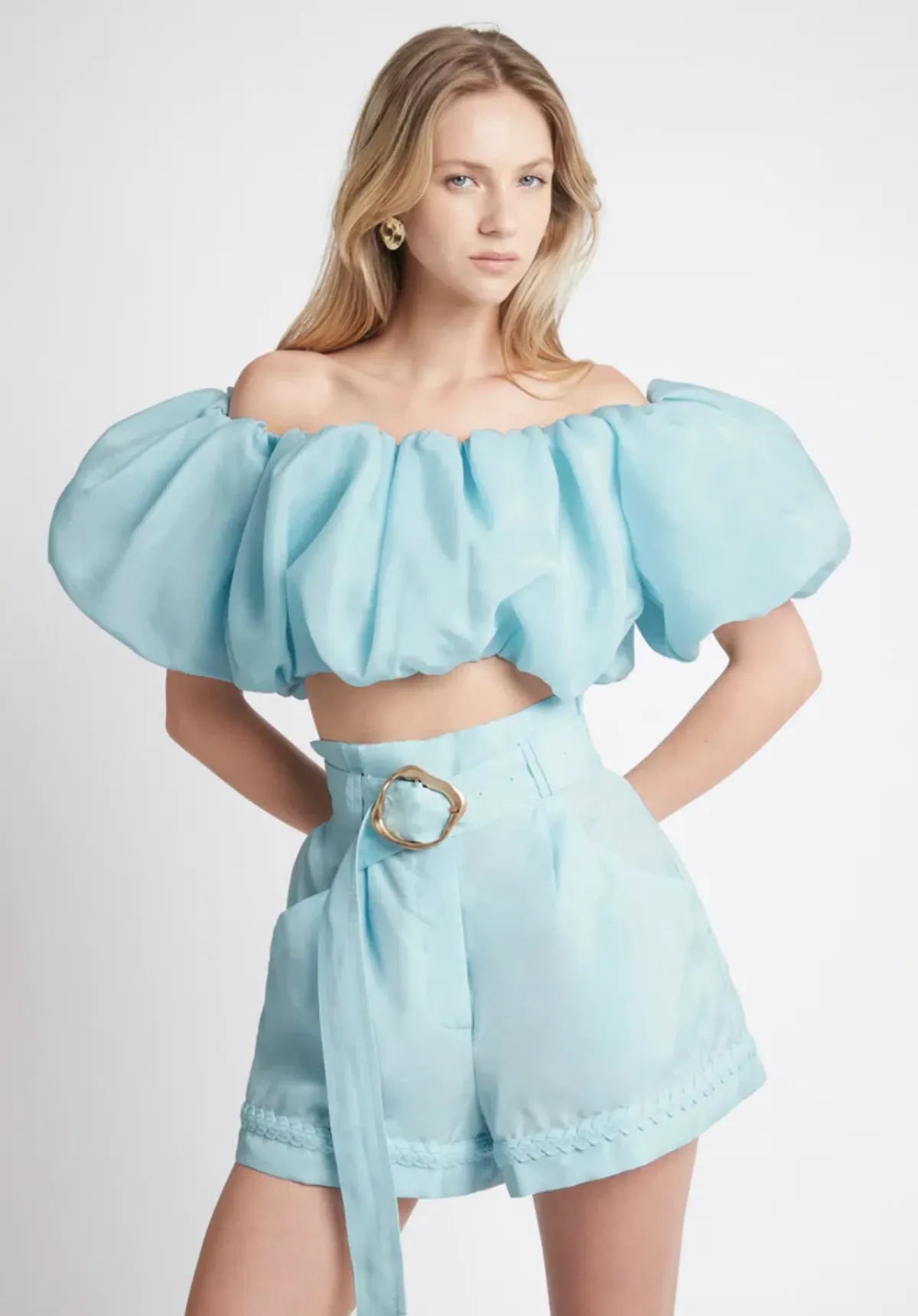 Aje Riviera Off Shoulder Tube Silk Top Size 6 and Braided Silk Short Size 10 Set Ice Blue - Image 2