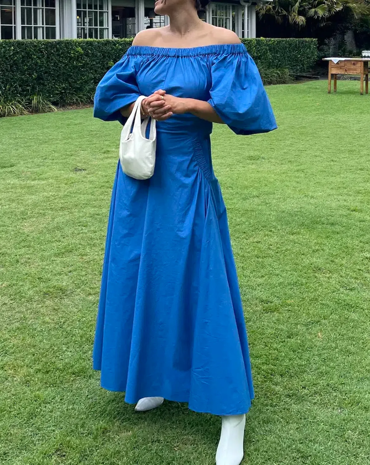 Scanlan Theodore Off Shoulder Cotton Poplin Gathered Pocket Dress Blue Size 10 / M for rent on The Volte - main image