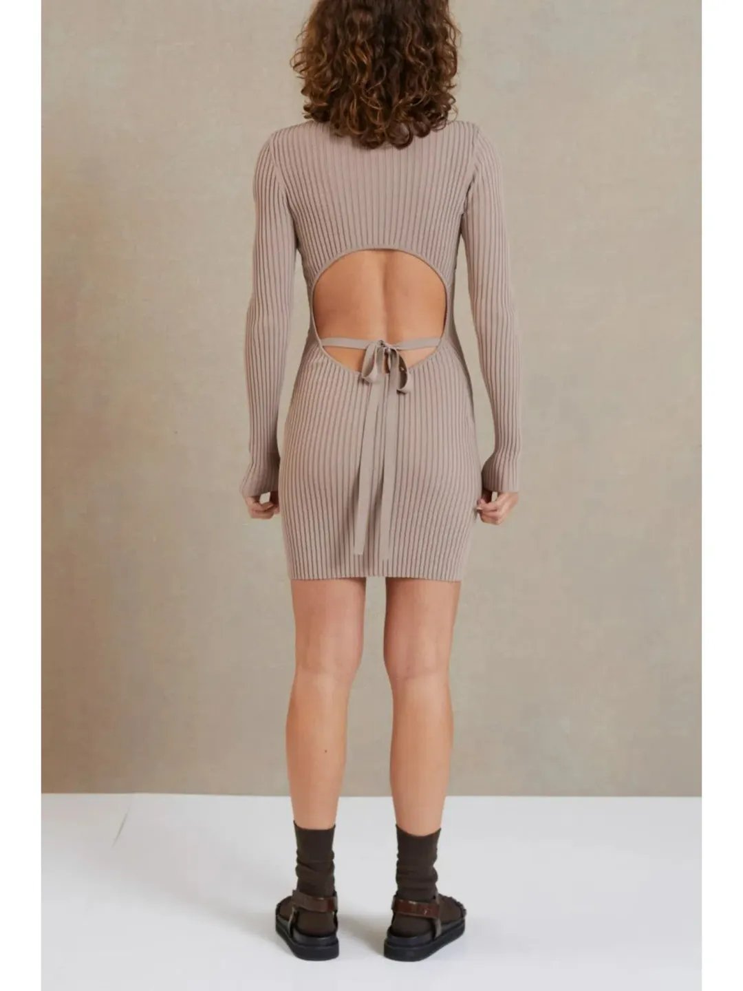 Bec & Bridge Lyla Knit L/S Mini Dress in Fawn Size AU 6 for rent on The Volte - main image