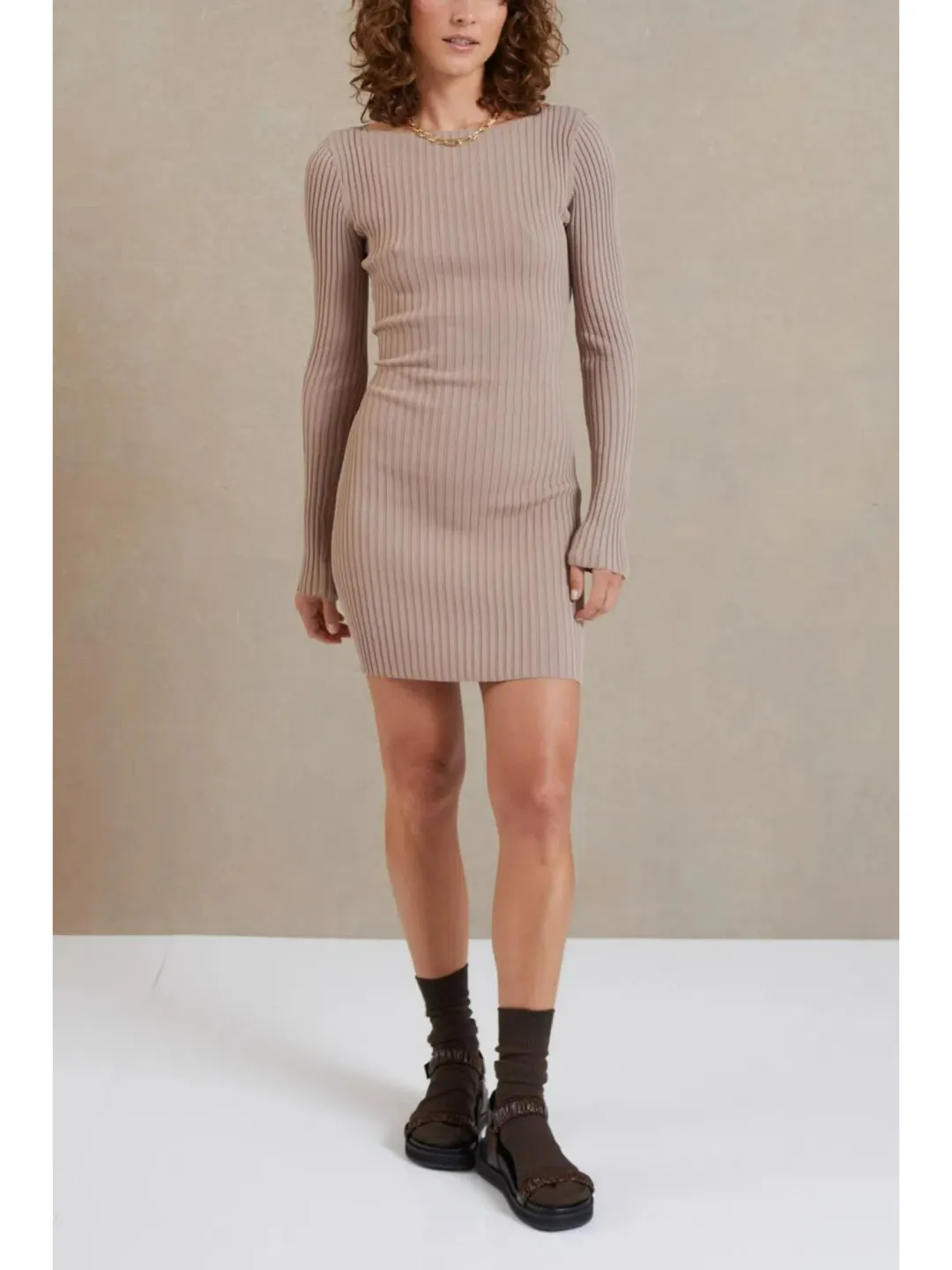 Bec & Bridge Lyla Knit L/S Mini Dress in Fawn Size AU 6 for rent on The Volte - main image